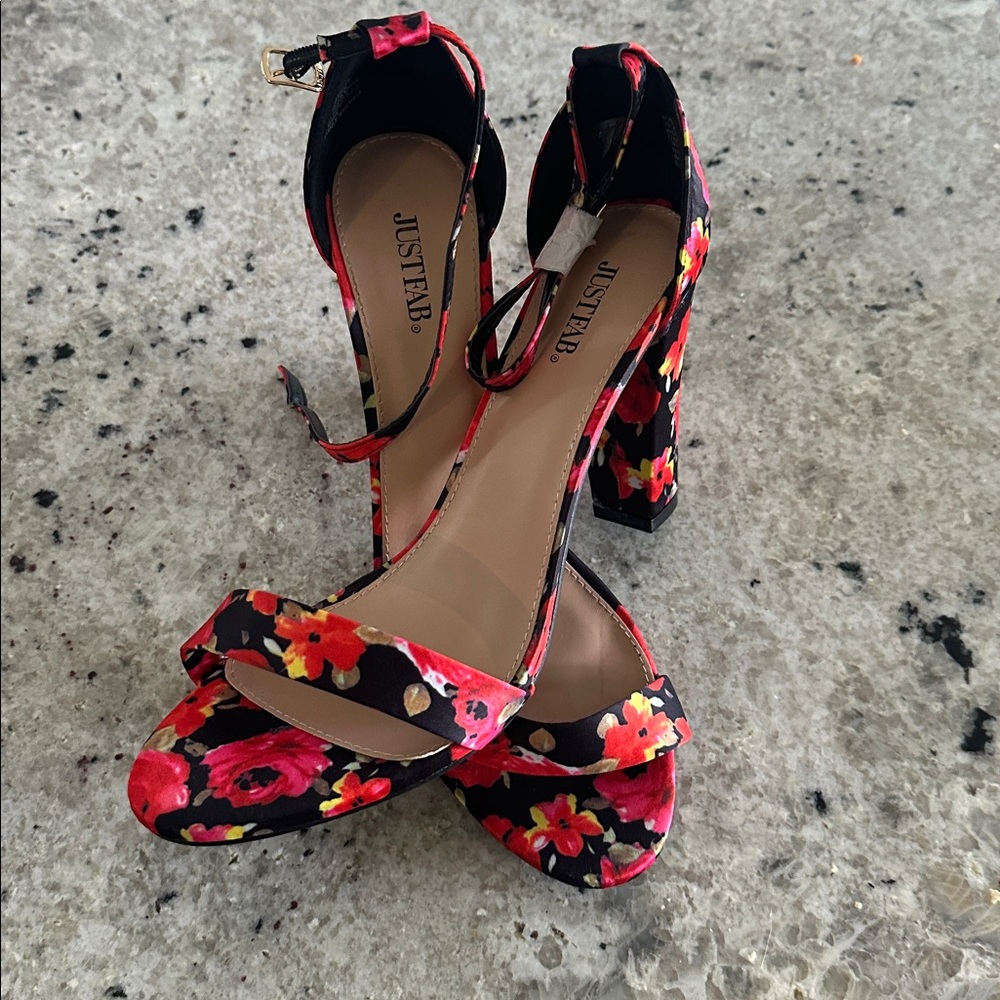 JustFab Black Floral Heeled Sandals